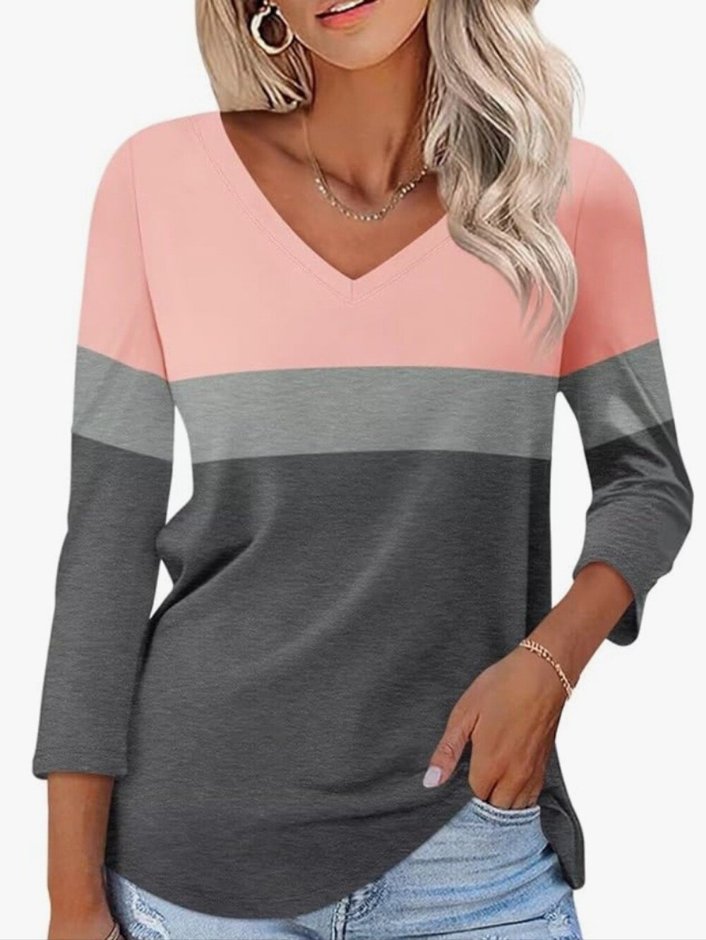 Colorblock V-Neck Women Top - Pink and Gray